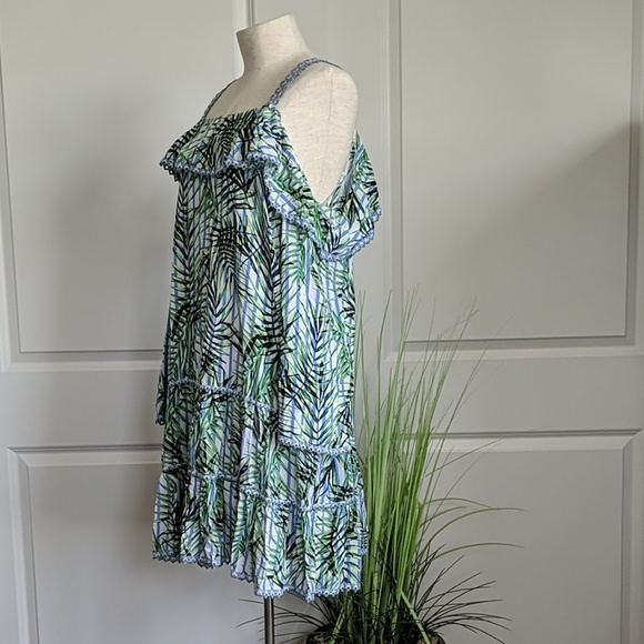 Red Carter Cover Up Dress Palm Party Print Crocheted Tiered Green Blue L NWT - Picture 5 of 8